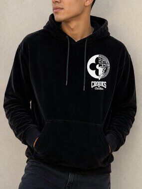 Crooks & Castles Mens Hoodie Sweatshirt Black Velour Size XL Throwback Y2K